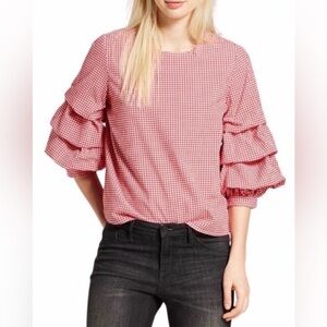 Who What Wear Red White Gingham Ruffle Puff Sleeve Blouse Shirt Top summer L